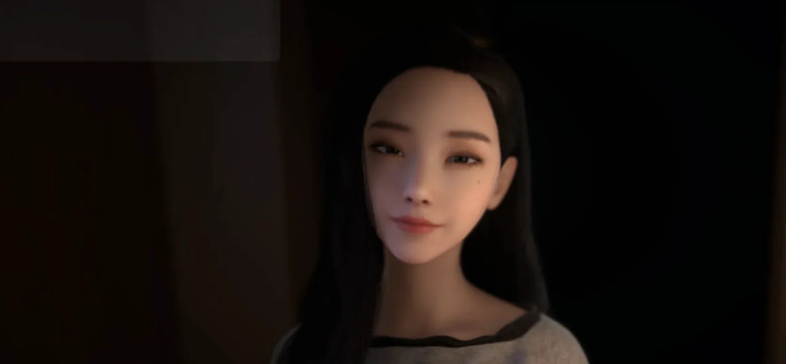 长发女性在昏暗房间中微笑的角色近景